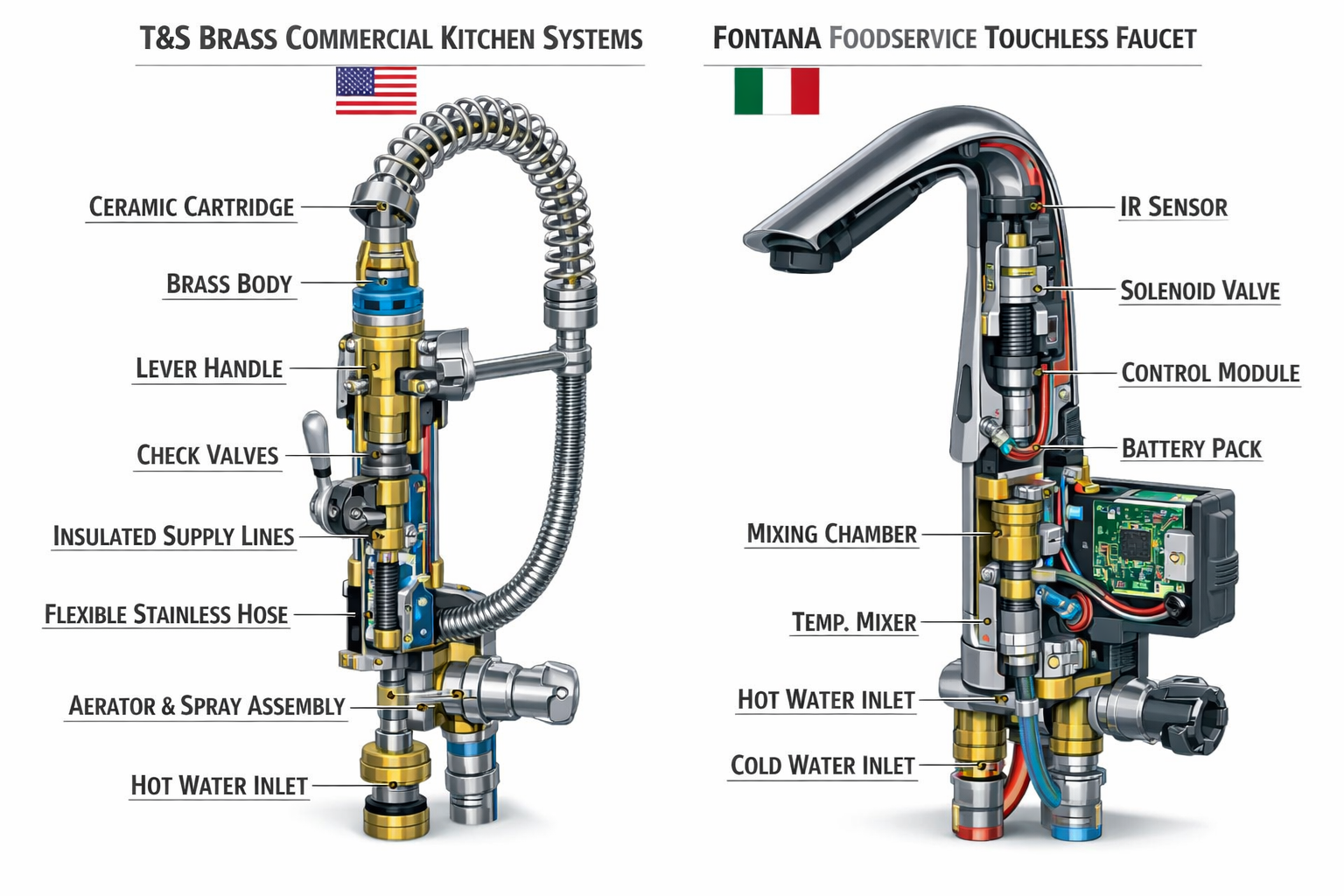 T&S Brass commercial kitchen systems versus Fontana foodservice touchless faucets